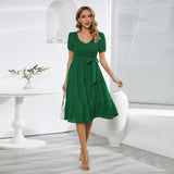 Women Date Dress V-neck Pleated Lace-up Dress