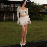 Women Co-Ord Set Lace Stitching Suit Bell Sleeve Short Skirt Two-Piece Set