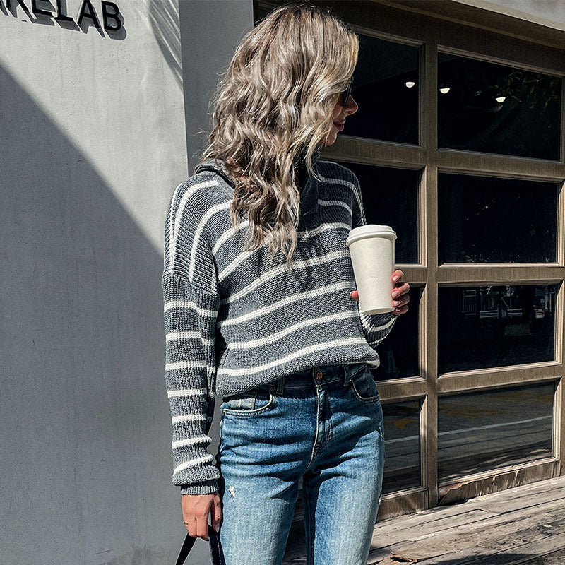 Women Knitted Sweater Autumn Leisure Long Sleeve Polo Collar Stripes Sweater