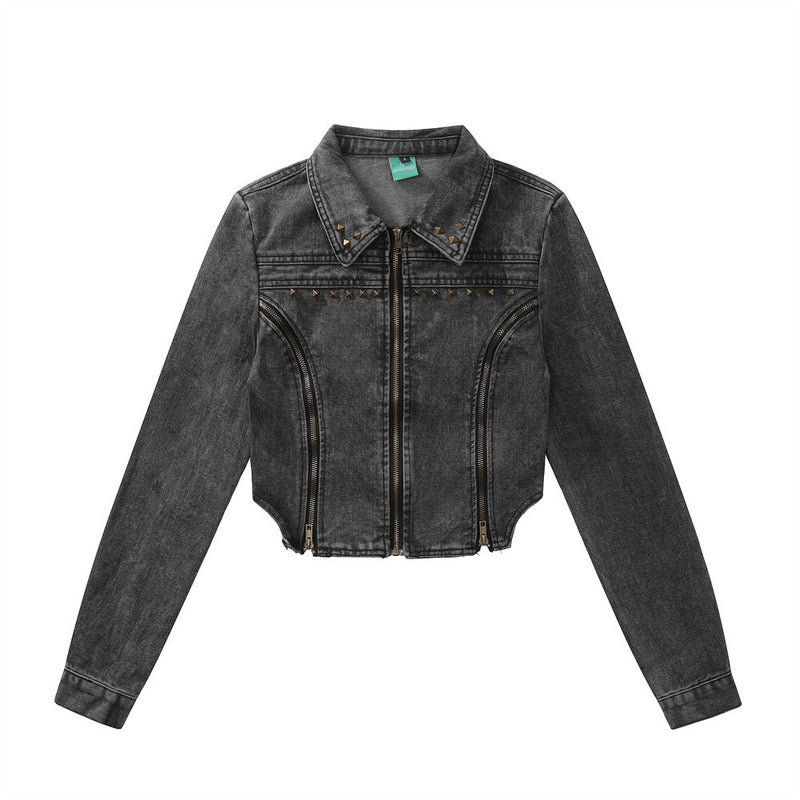 Women Jacket Slim-Fit Double Zipper Split Denim Jacket