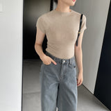 Women Knitted T-shirt round Neck Short Sleeve T-shirt Slim Fit Sweater