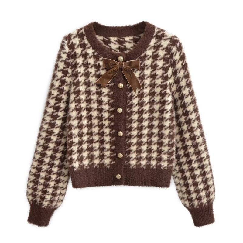 Women Sweater Knitwear Autumn and Winter Classic Style Houndstooth Imitated Mink Knitted Cardigan Short Sweater Coat