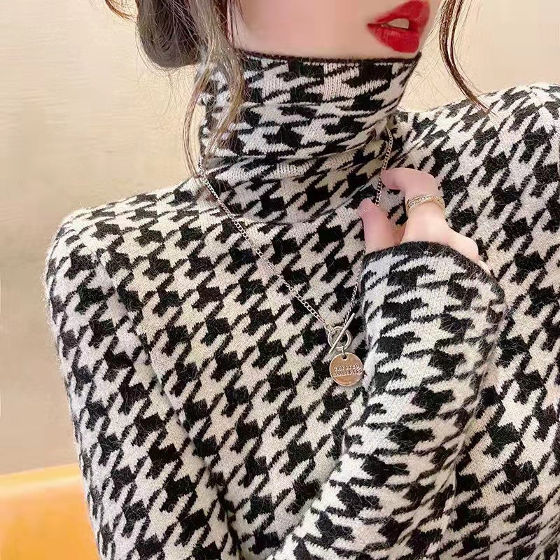 Women Knitted Pullover Autumn Winter Sweater Houndstooth Slim-Fit Turtleneck Top