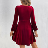 Women Dress Fall/Winter Sexy V-neck Long Sleeve Party Velvet Dress