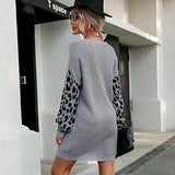Women Knitted Sweater Leopard Print Stud for Autumn and Winter Woolen Skirt