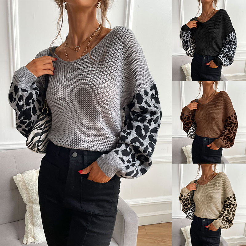 Women Knitted Sweater Autumn Crew Neck Knitted Pullover Leopard-Print Sweater