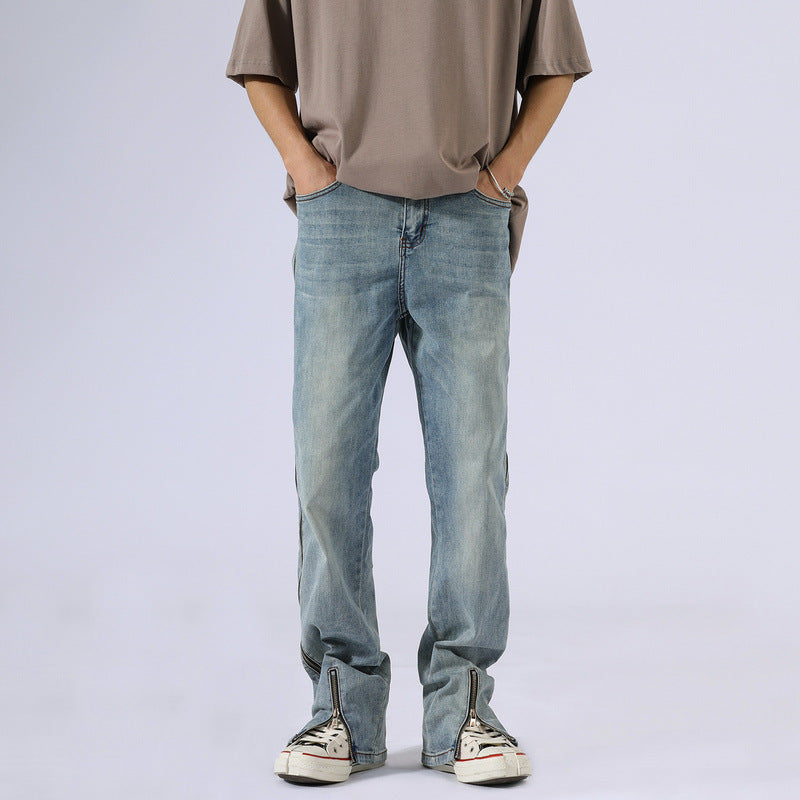 Men Jeans Washed Distressed Zipper Jeans