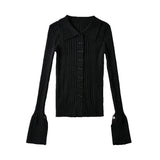 Women Sweater Knitwear Lapel Single Breasted Split Flare Sleeve Knitwear