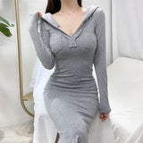 Women Dresses Gray V-neck Casual Dress Long Dress