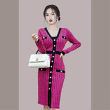 Women Maxi Dress Autumn Long Sleeve V-neck Buttons Knitted Dress