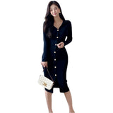 Women Maxi Dress Fall/Winter Slim Mid-Length Knitted Single-Breasted Sweater Dress