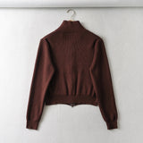 Women Sweater Knitwear Vintage Double Zipper Lapel Cardigan Top Coat Short Long Sleeve Sweater