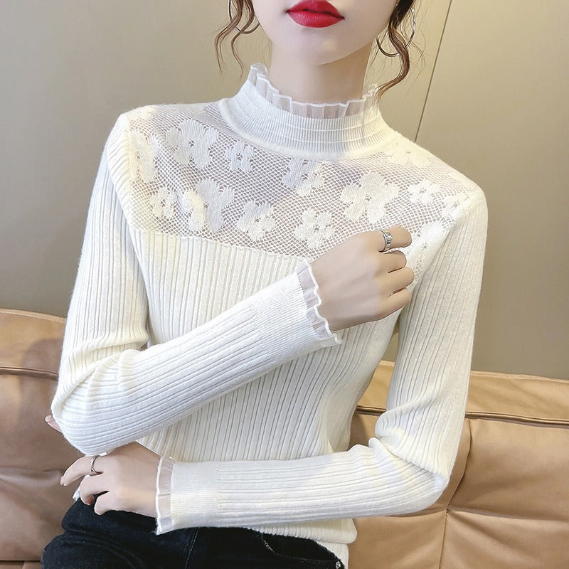 Women Knitwear Autumn and Winter Turtleneck Lace Sweater Slim Fit