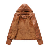 Red Leather Jacket Fall Winter Hooded Leather Women's Detachable Hat Long-Sleeve Zipper Fleece-Lined Wallet