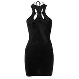 Women Dresses Summer Casual off-the-Shoulder Hollow-out Lace-up Short Dress (Bla0420)