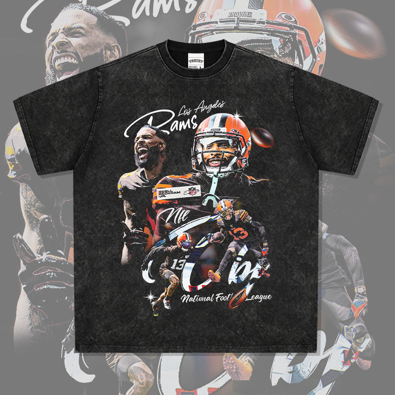 Mens Vintage baseball T-Shirt Beckham obj rugby print short sleeve washed old T-shirt