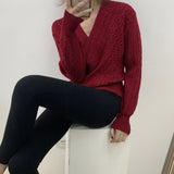 Women Winter Knitted Sweater V-neck Sweater Cable-Knit Sweater Top Spring 8t8113