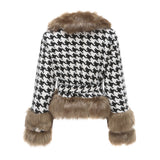 Women Trench Coat Autumn and Winter Plaid Coat Detachable Short Fur Collar Top Houndstooth
