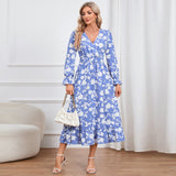 Women Date Dress Floral Dress Autumn and Winter V-neck A- line Skirt
