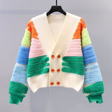 Women Knitted Cardigan Colorful Towel Embroidery Sweater Cardigan Autumn Loose Knitted Coat