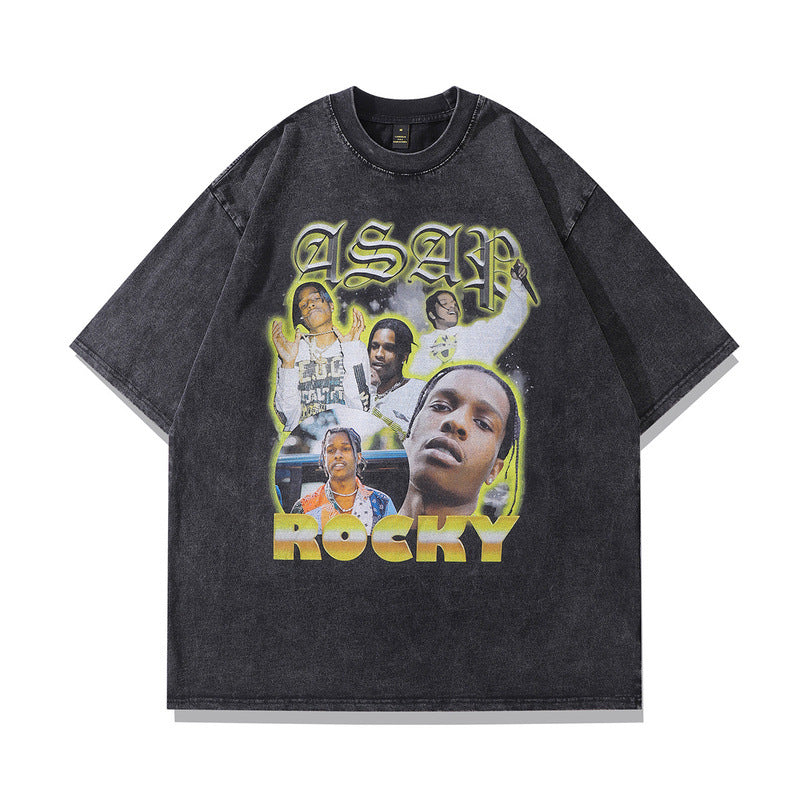 Men's T Shirt Vintage Washed and Worn Short Sleeve T-shirt Men's and Women's Rapper Portrait Printing Half Sleeve Tee