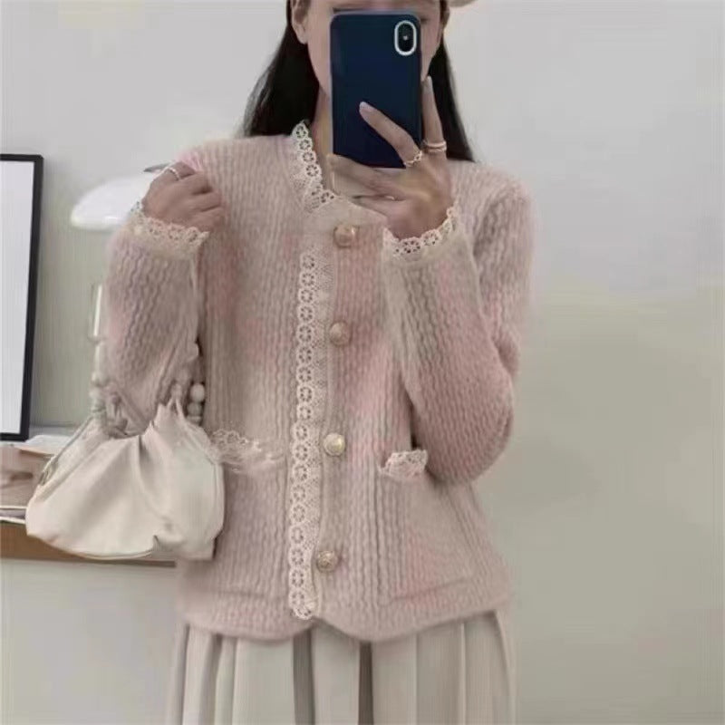 Women Knitted Cardigan Spring Lace Trim Knitted Cardigan Outerwear Top