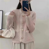 Women Knitted Cardigan Spring Lace Trim Knitted Cardigan Outerwear Top