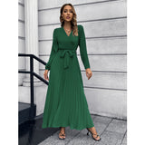 Women Date Dress V-neck Long Sleeve Pleated Dress