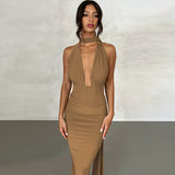 Women Dresses Summer Sexy Deep V-neck Backless Fold Split Dress
