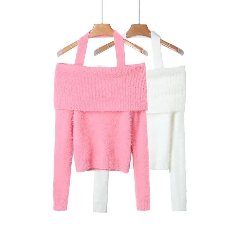 Women Sweater Knitwear off-the-Shoulder Long Sleeve Sweater Outer Wear Slim-Fit Jumper