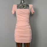 Women Dresses Square Collar Dress Short-Sleeved Sheath Dress Skirt