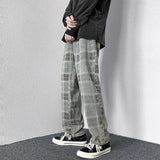 Men Jeans Autumn Plaid Worn Jeans Wide Leg Pants Loose Straight Trousers