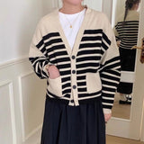 Women Knitwear Autumn and Winter Striped V-neck Pocket Sweater Female Loose Knitted Cardigan