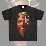 Dennis Rodman Graphic Tee Printed Short Sleeve T-Shirt Cotton Washed Loose Crew Neck Hooded Sweater