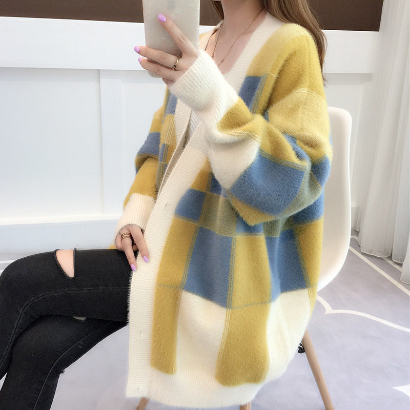 Women Knitted Cardigan Autumn and Winter Loose Plaid Color Stitching Knitted Cardigan