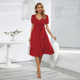 Women Date Dress V-neck Pleated Lace-up Dress