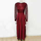 Women Evening Gown Sexy Chiffon Stitching Sequins Dress