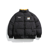 Unisex Winter Cotton Coat Color Letter Print Stand-up Collar Cotton-Padded Clothes Vintage Loose and Warm Cotton Jacket