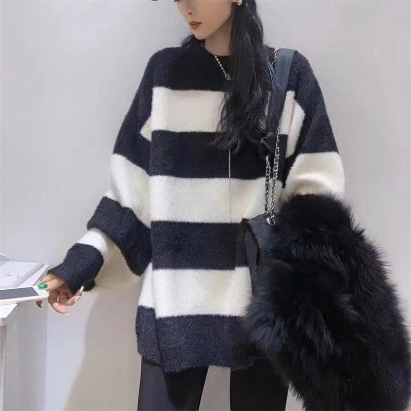 Women Knitted Pullover Autumn and Winter Striped Sweater Loose Sweater Top