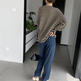 Women Cardigan Sweater Autumn Striped Long-Sleeved Top Loose round Neck 8t7300