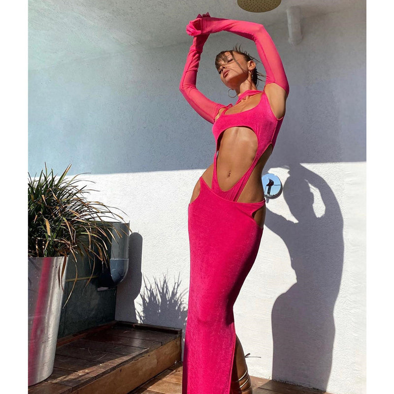 Women Dresses Bandage One-Piece Dress Rose Red Hollow out Party Dress (Ont0408)
