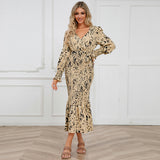 Women Date Dress Long Dress Leopard Print V-neck Belt Printed Fishtail Skirt
