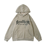 Men Hoodie Vintage Distressed Letters Printed Thickening Velvet Padded Hooded Sweatshirt