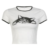 Women T-shirt Summer Cat Printing round Neck Midriff-Baring T-shirt