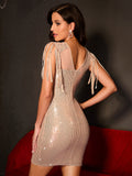 Women Evening Gown Sexy Sheer Mesh Stitching Sequins Dress