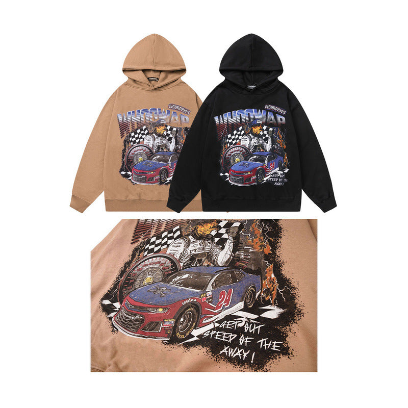 Men Hoodie Vintage Distressed Racing Printed Hoodie