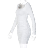 Women Dresses Spring Summer Slim-Fit Long Sleeve Pleated Solid Color Dress
