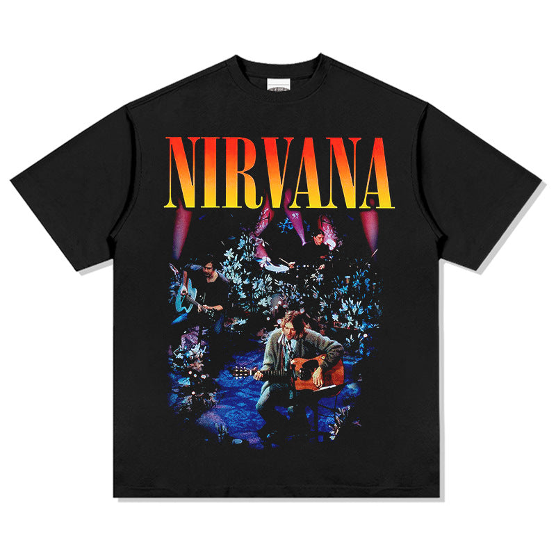 Mens Vintage Rock Band T-Shirt Nirvana Band Print Short Sleeve T-Shirt Loose Vintage Crew Neck