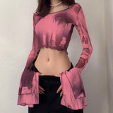 Women T-shirt Summer round Neck Pullover Horn Long Sleeves Cropped Casual