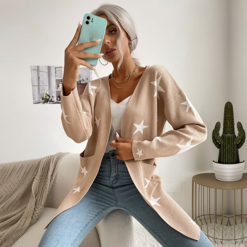 Women Knitted Sweater Autumn Five-Pointed Star Knitted Long Sleeve Sweater Coat
